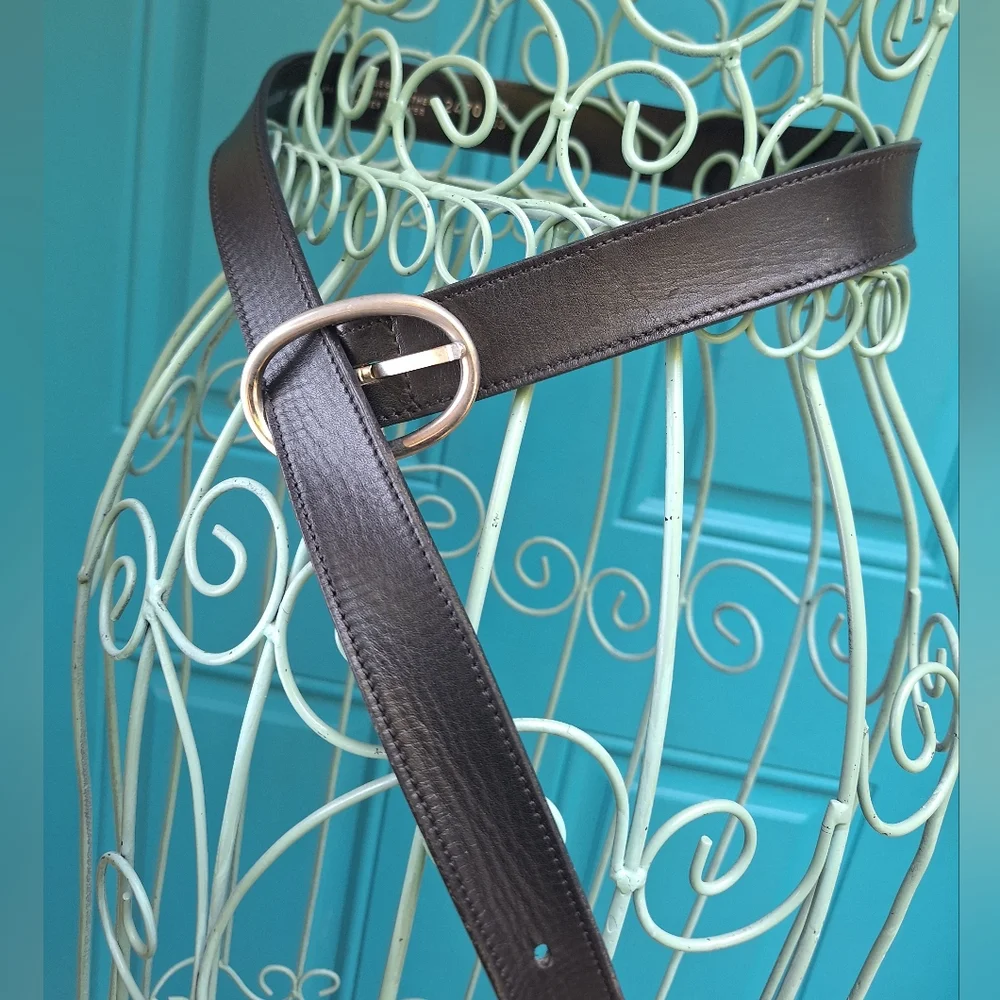 Genuine Leather Belt Vintage Womens Made in Spain Thin Black Plain Round Buckle